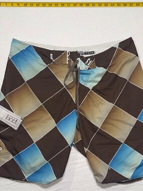 Y2K Billabong Men’s Brown & Blue Diamond-Pattern Board Shorts